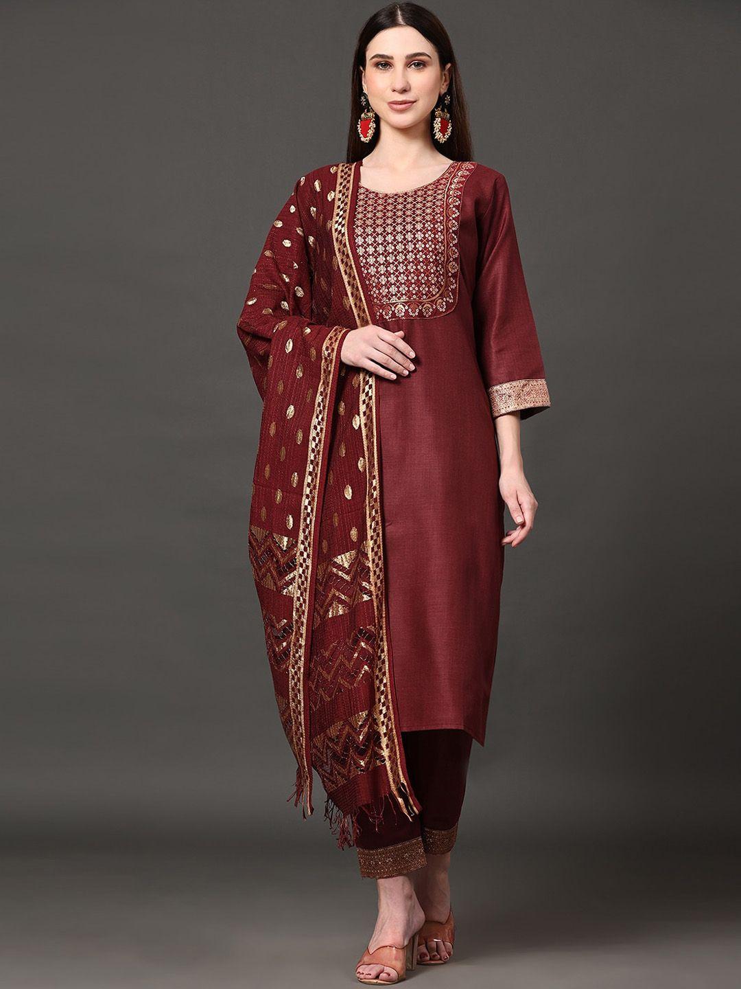 kalini women maroon ethnic motifs yoke design regular thread work kurta with trousers & with dupatta