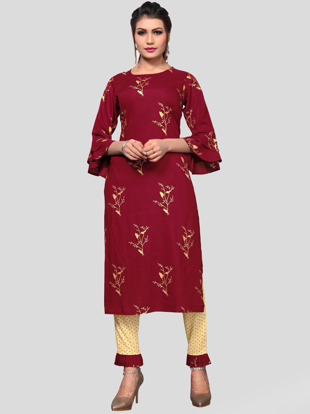 kalini women maroon floral embroidered kurta with trousers