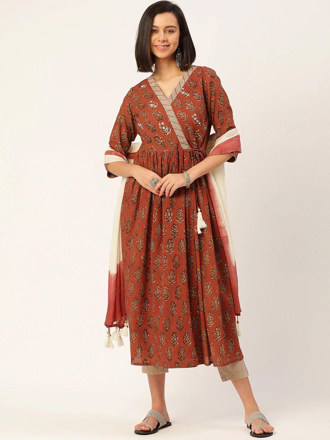 kalini women maroon floral printed angrakha pure cotton kurta with trousers & with dupatta