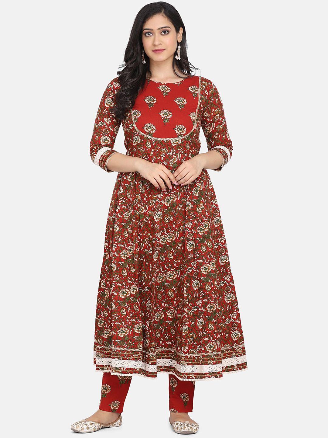 kalini women maroon floral printed regular gotta patti pure cotton kurta with trousers & with dupatta