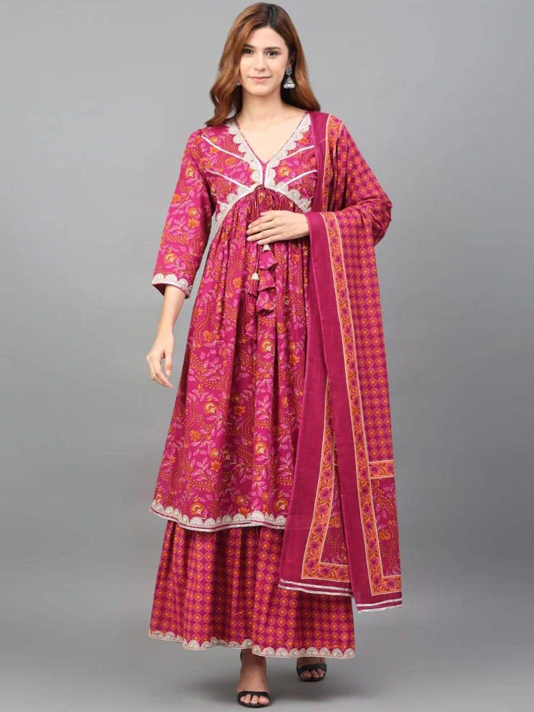 kalini women maroon floral yoke design empire pure cotton kurta with sharara & with dupatta