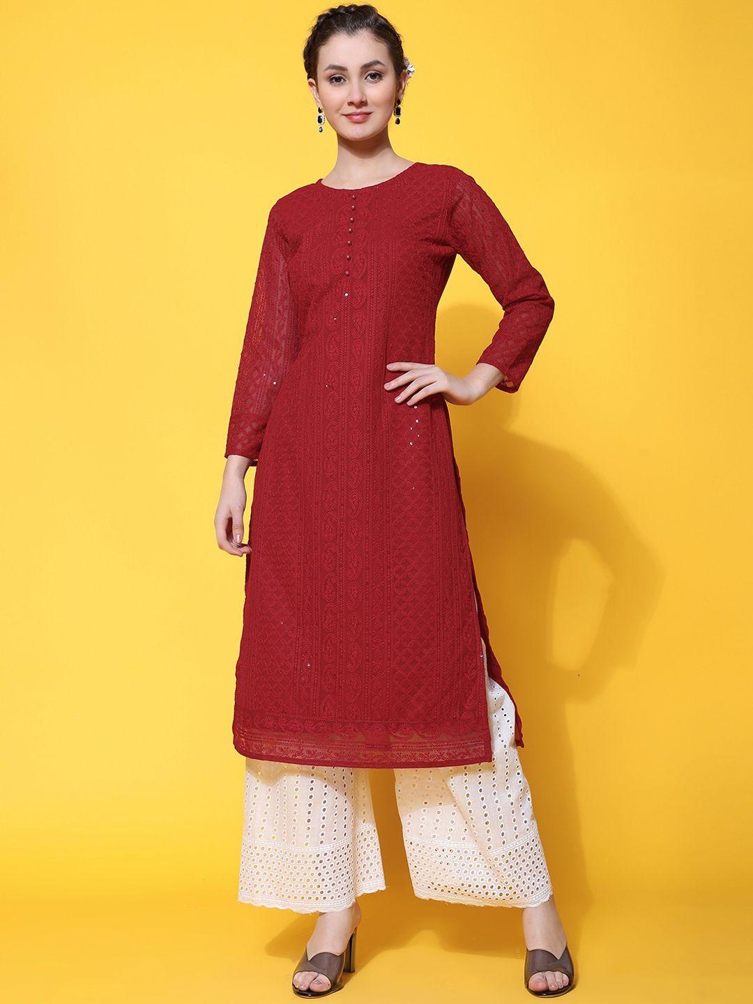 kalini women maroon geometric embroidered flared sleeves thread work georgette kurta