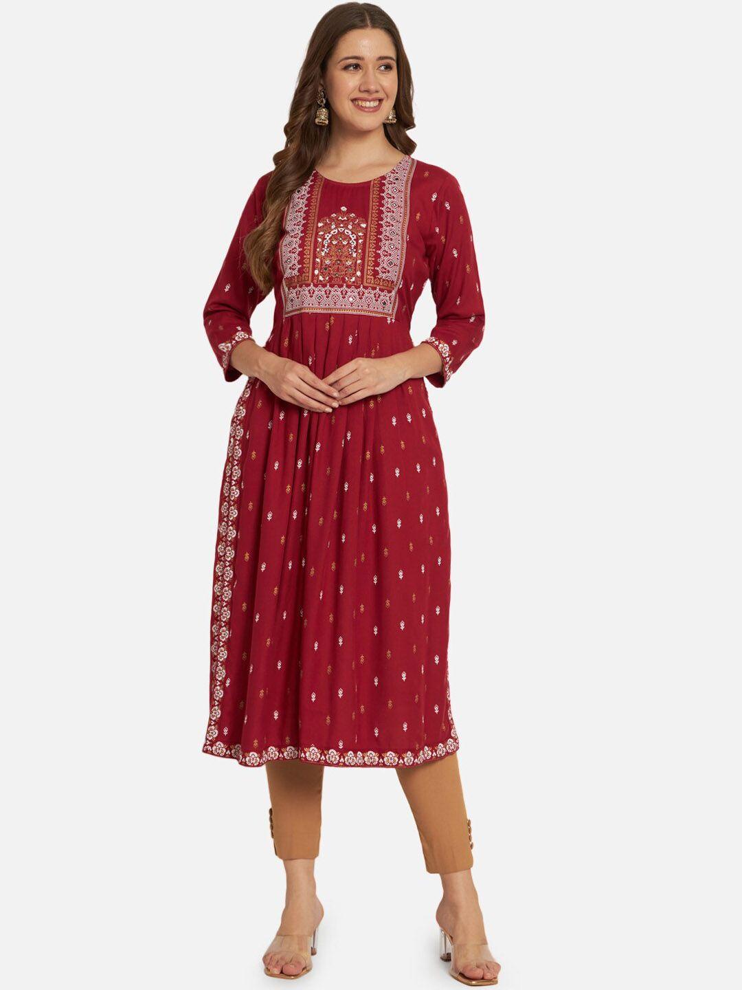 kalini women maroon geometric printed flared sleeves floral kurta