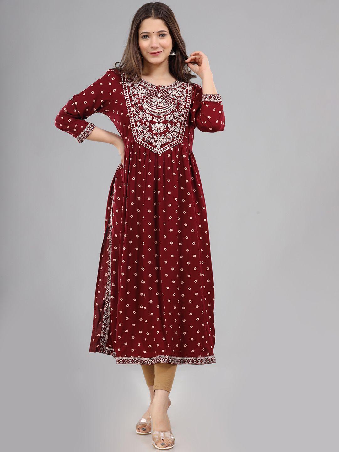 kalini women maroon geometric printed thread work kurta