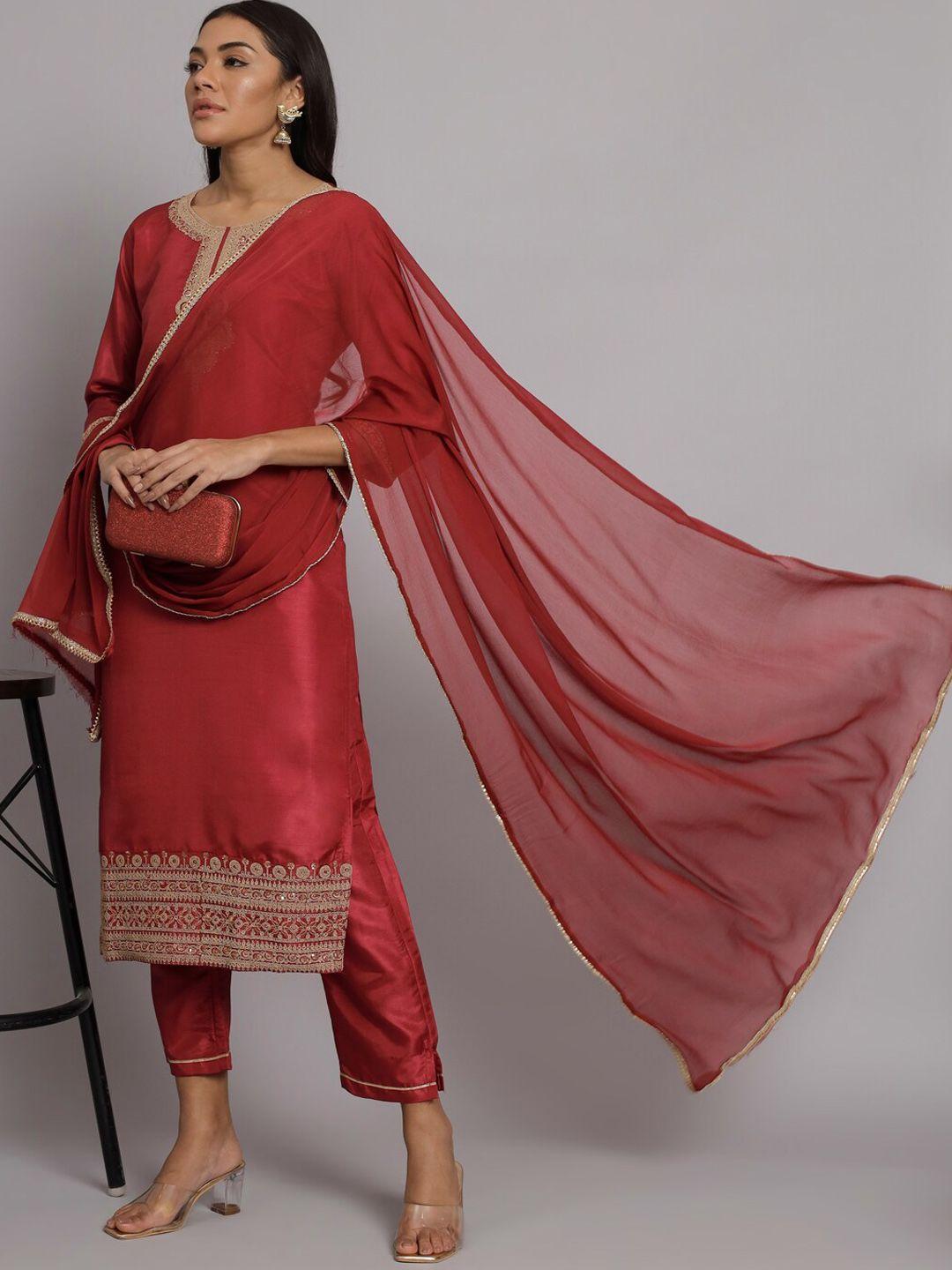 kalini women maroon paisley embroidered regular kurta with trousers & with dupatta