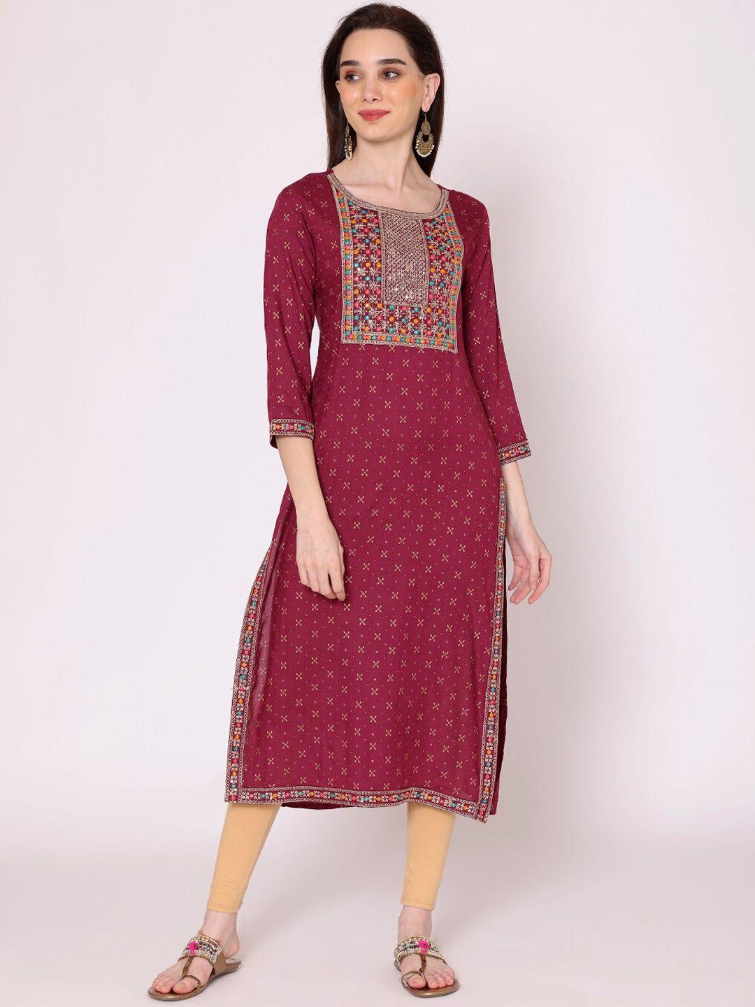 kalini women maroon printed mirror work kurta