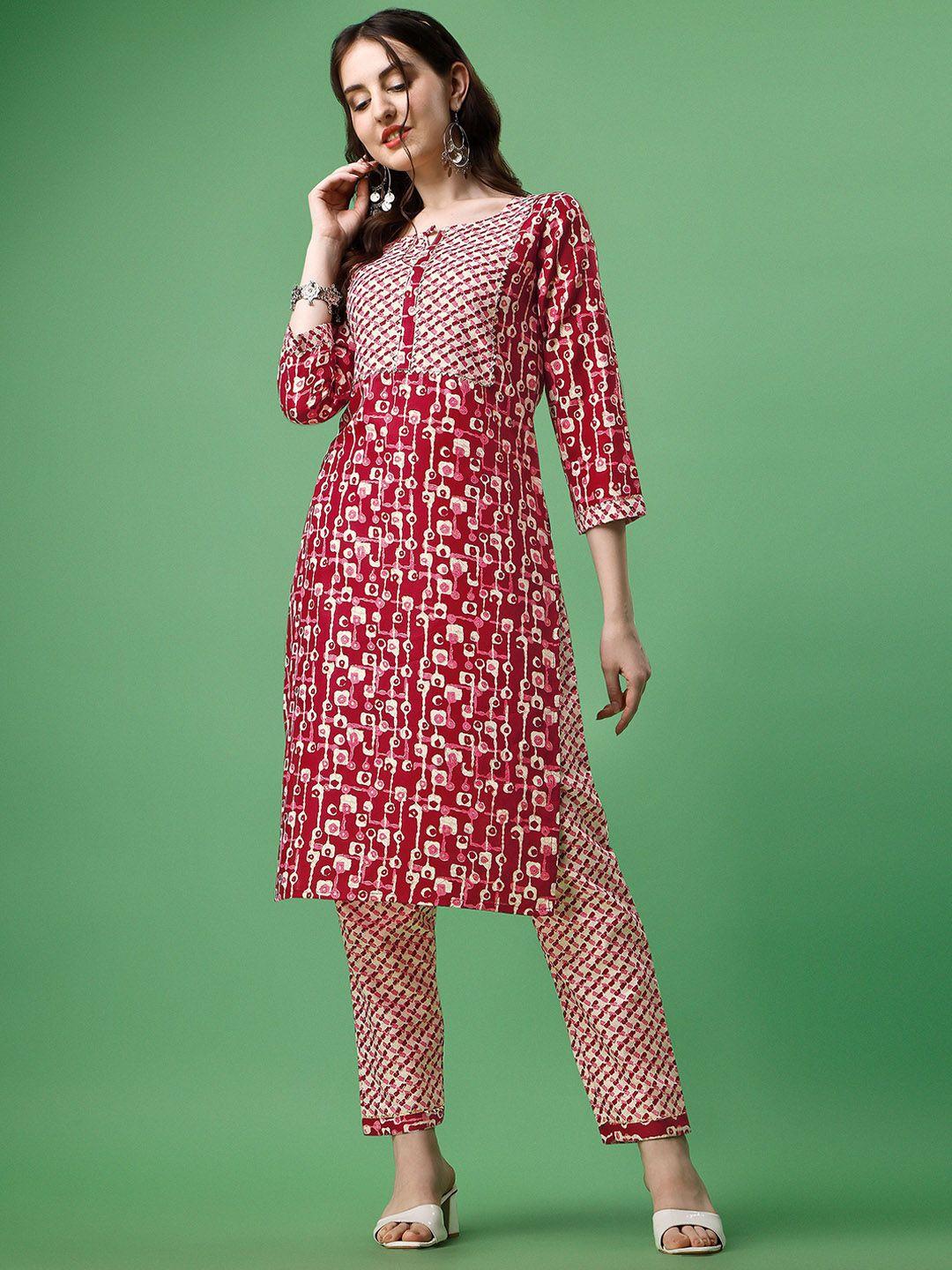 kalini women maroon printed regular gotta patti kurti with trousers