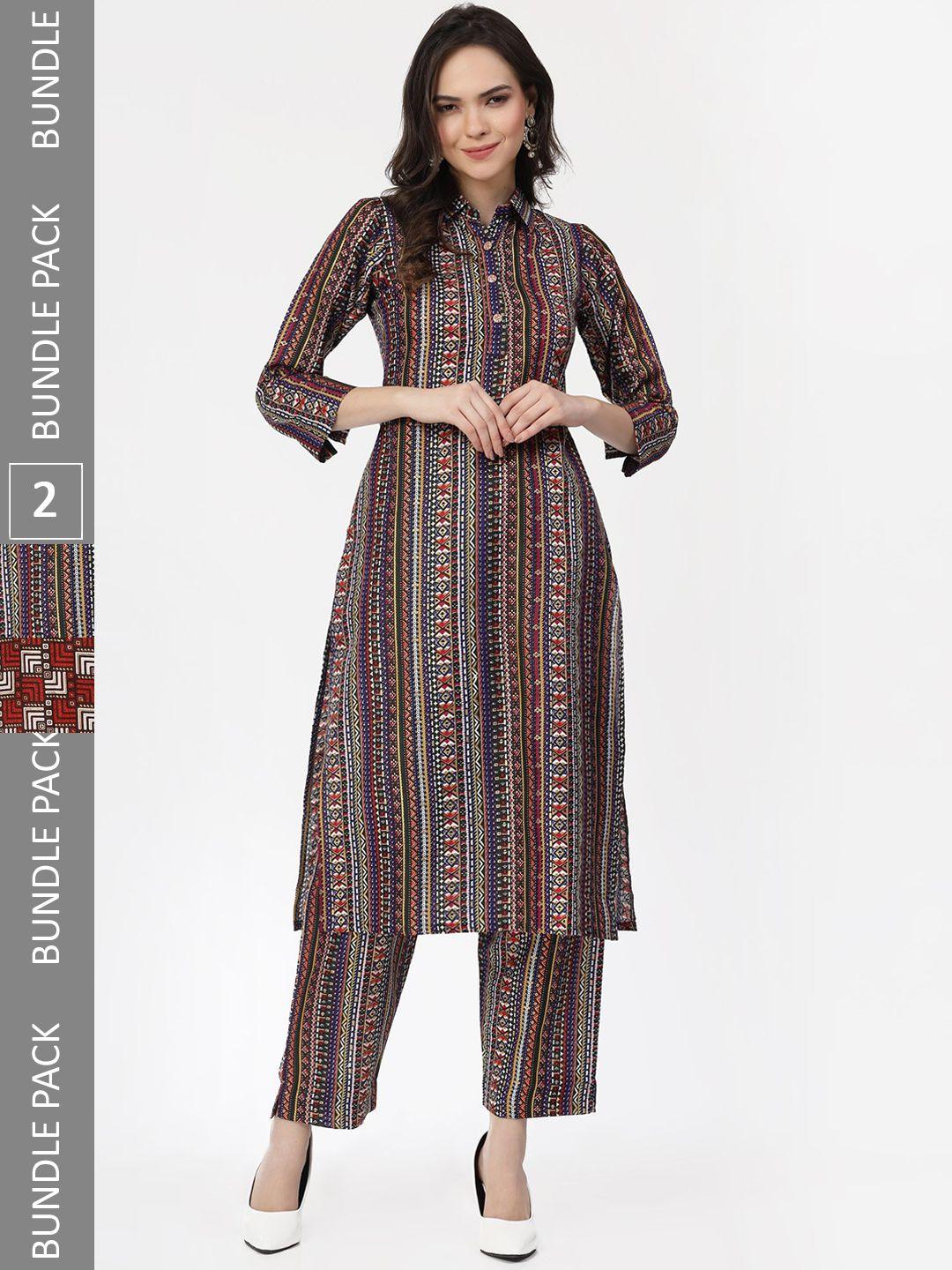 kalini women maroon printed regular pure cotton kurta with trousers