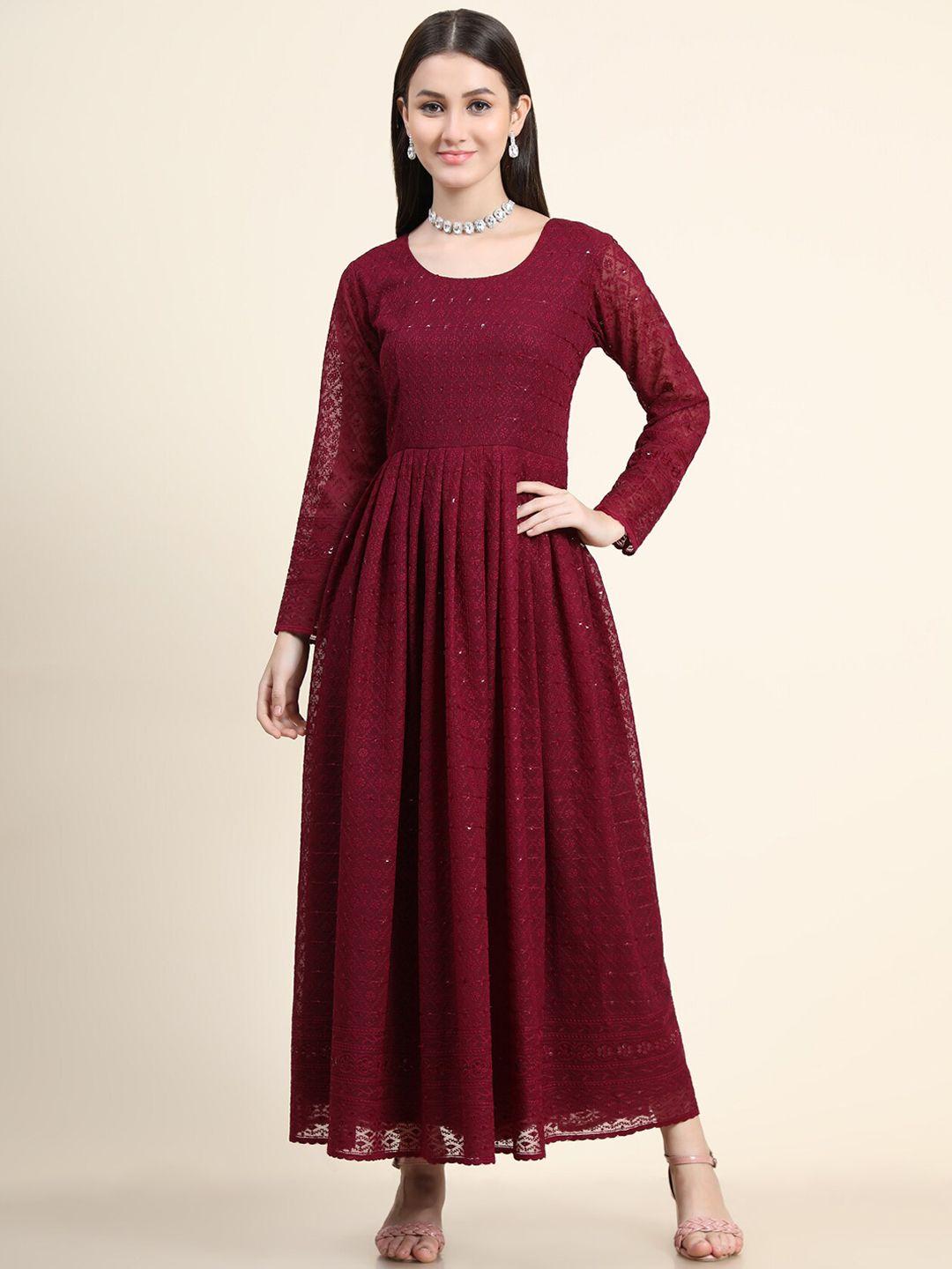 kalini women maroon self design maxi dress