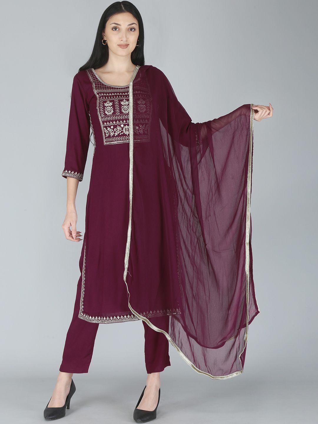 kalini women maroon yoke design kurta with trousers & with dupatta