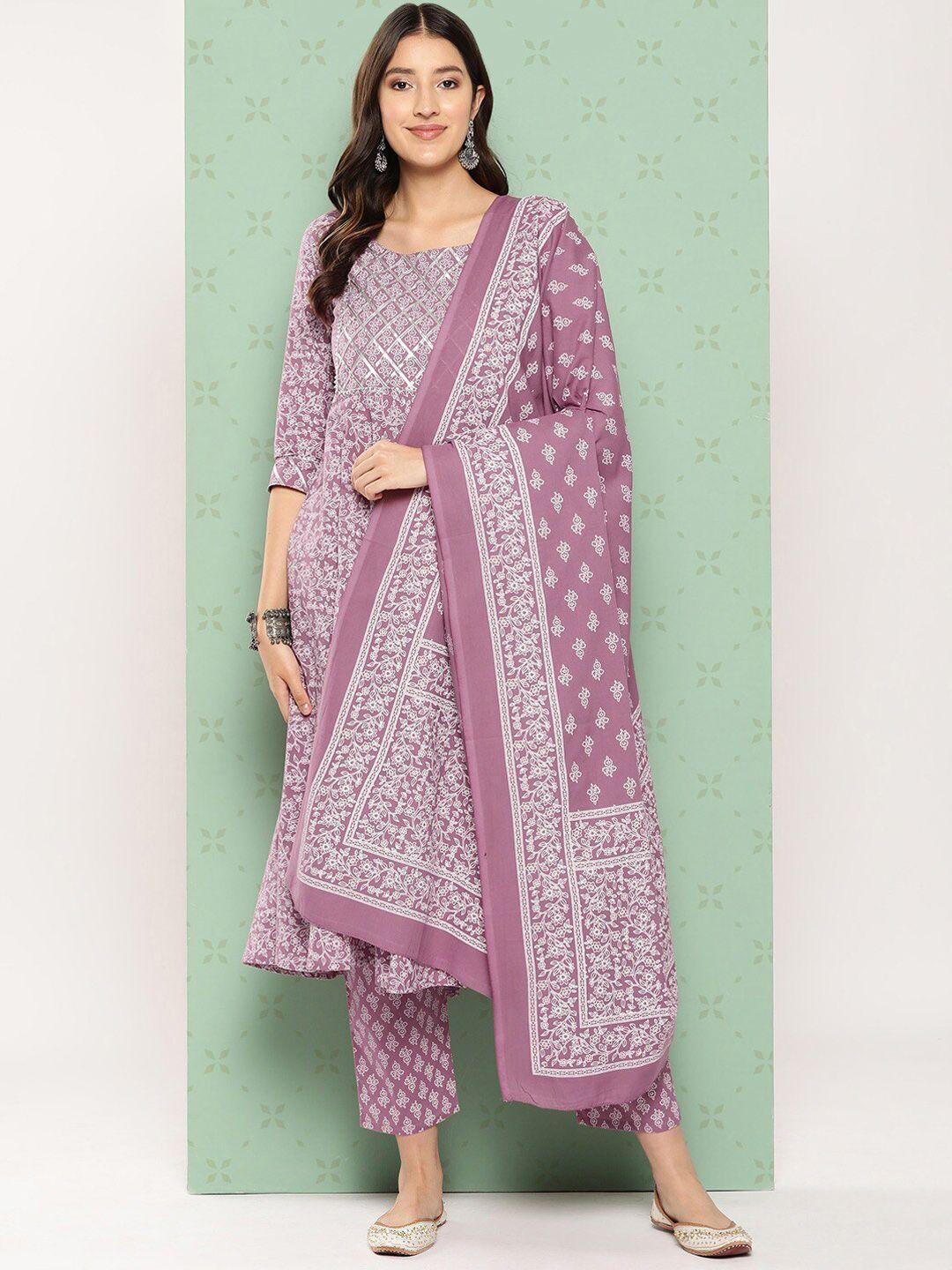 kalini women mauve ethnic motifs printed pure cotton kurta with trousers & with dupatta