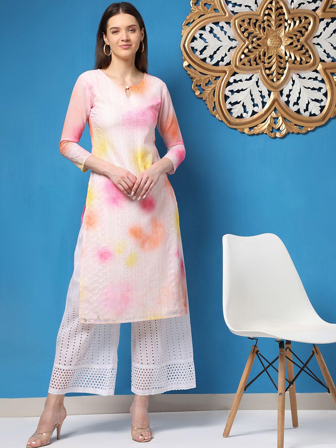 kalini women multicoloured floral printed flared sleeves thread work georgette kurta