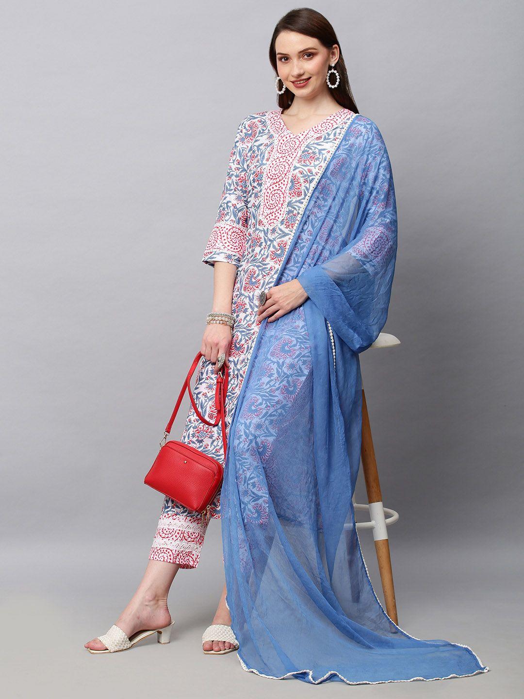 kalini women multicoloured floral printed straight kurta with trousers & with dupatta