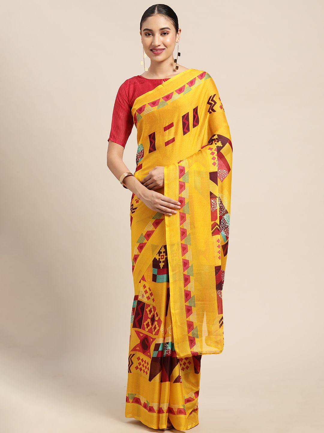 kalini women mustard & pink geometric printed saree