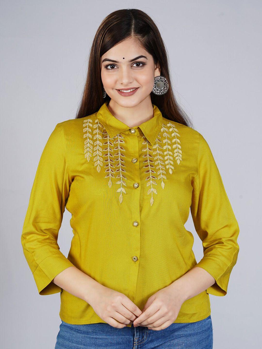 kalini women mustard classic slim fit casual shirt