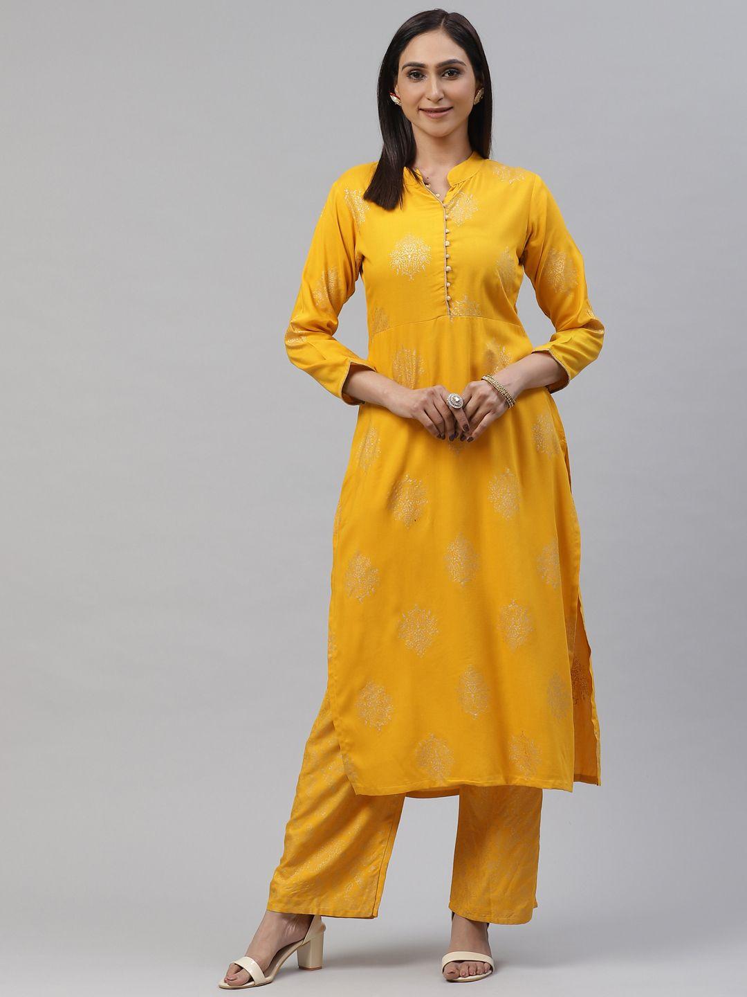 kalini women mustard yellow & golden printed kurta with palazzos