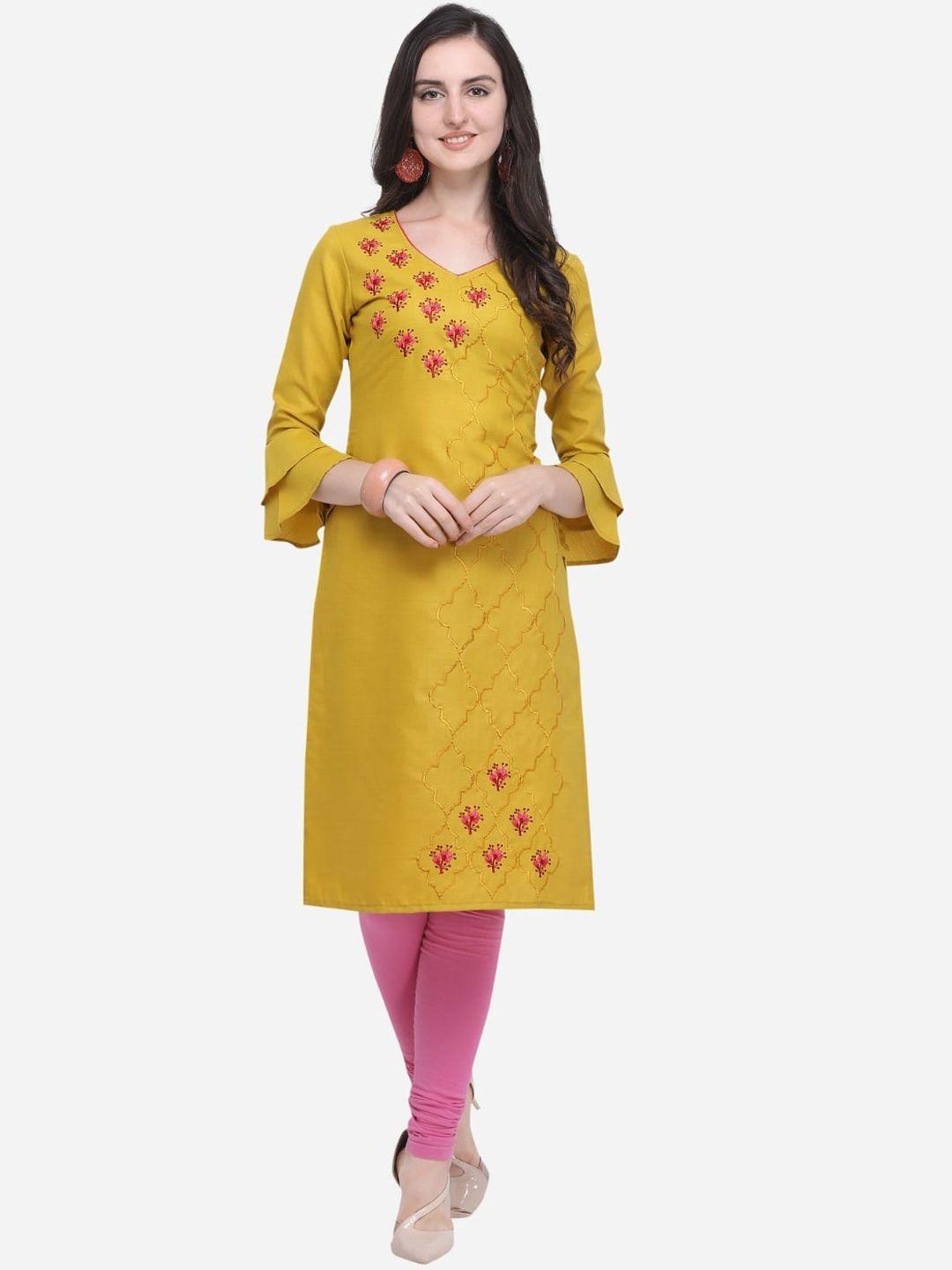 kalini women mustard yellow & pink ethnic motifs embroidered thread work kurta