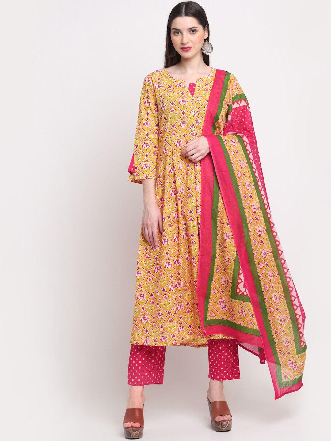 kalini women mustard yellow & pink printed pure cotton kurta with trousers & with dupatta