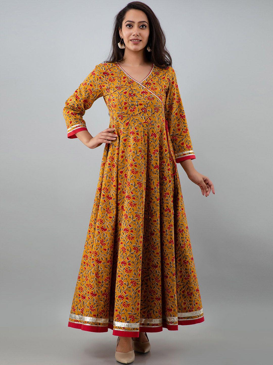 kalini women mustard yellow & red ethnic motifs printed angrakha anarkali kurta