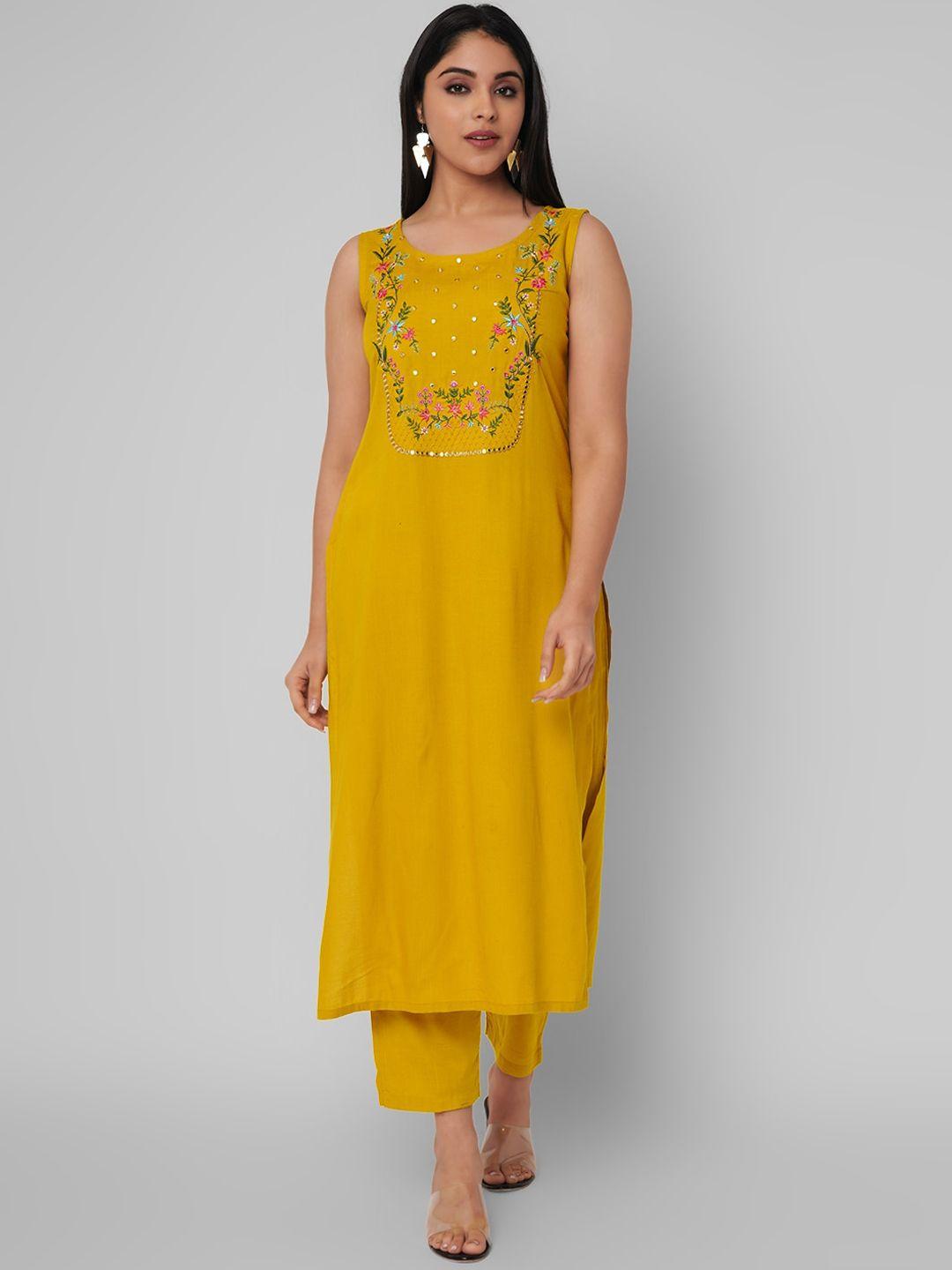 kalini women mustard yellow embroidered mirror work kurta with trousers