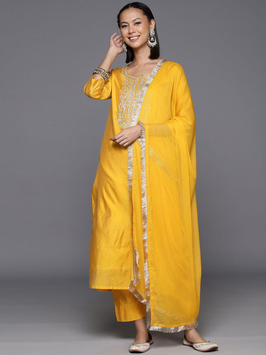 kalini women mustard yellow ethnic motifs embroidered regular chanderi silk kurta with trousers & with