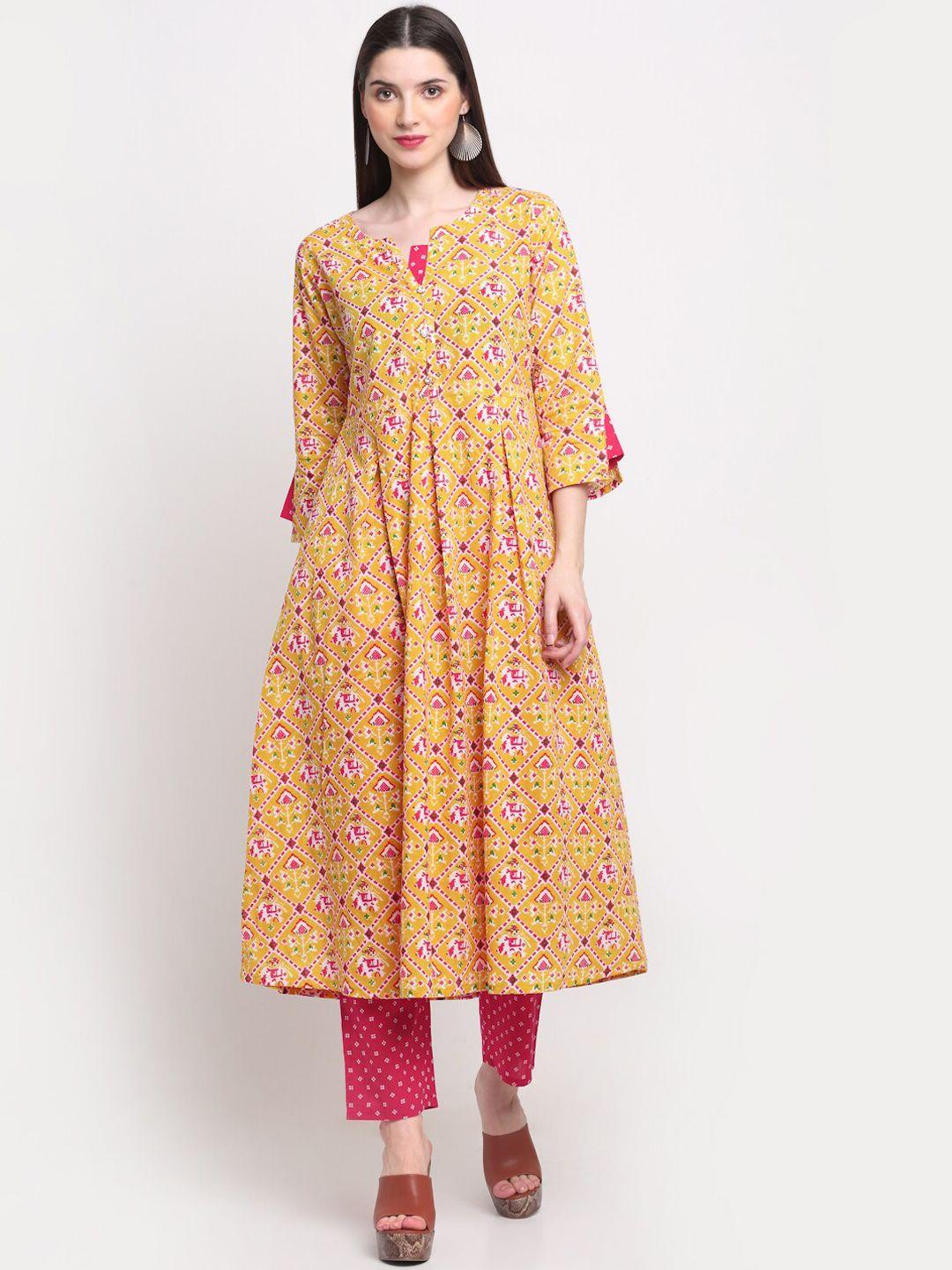 kalini women mustard yellow ethnic motifs printed pure cotton kurta set