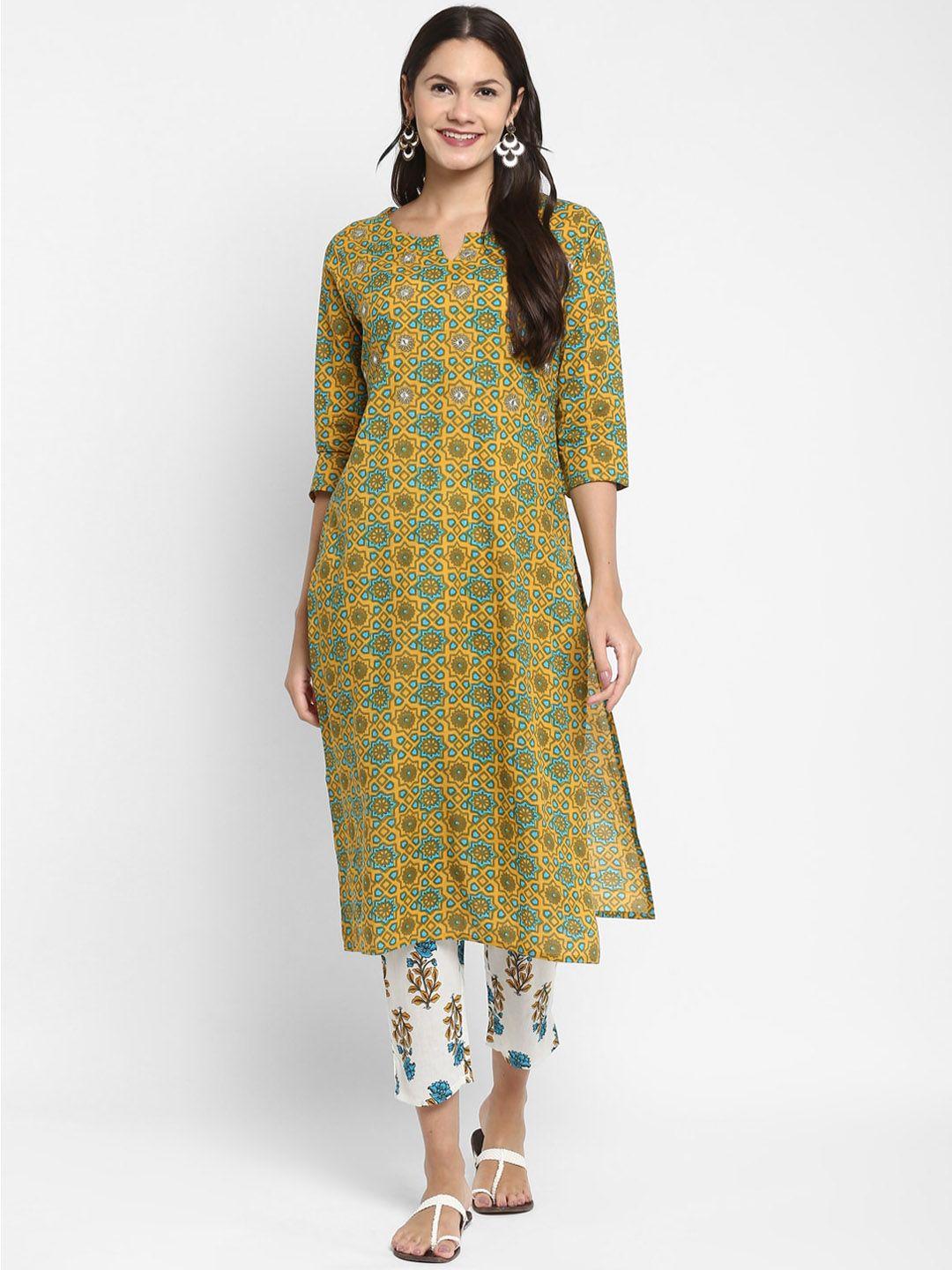 kalini women mustard yellow ethnic motifs printed pure cotton kurta with trousers