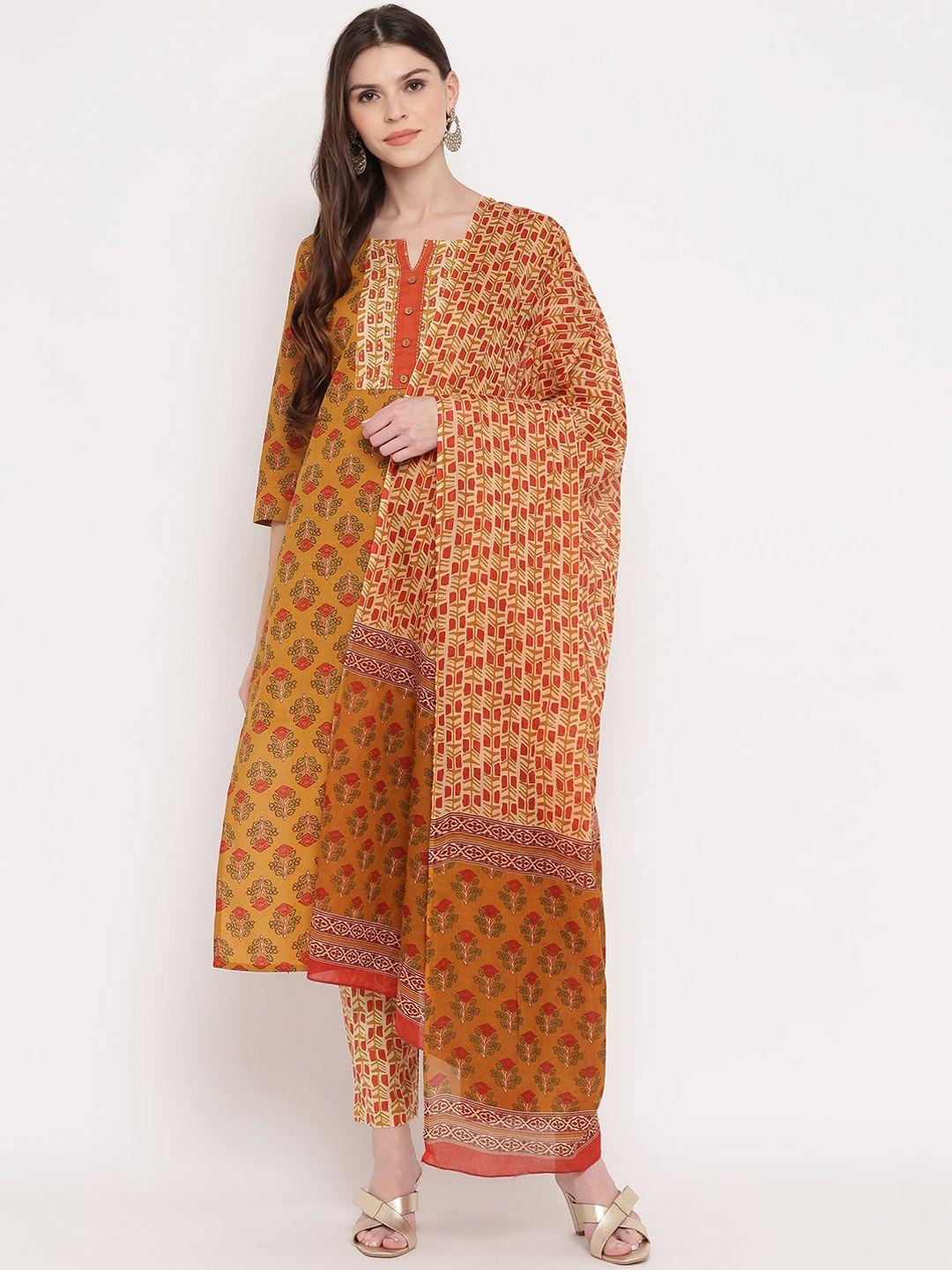 kalini women mustard yellow ethnic motifs printed sequinned pure cotton kurta with trousers & with dupatta