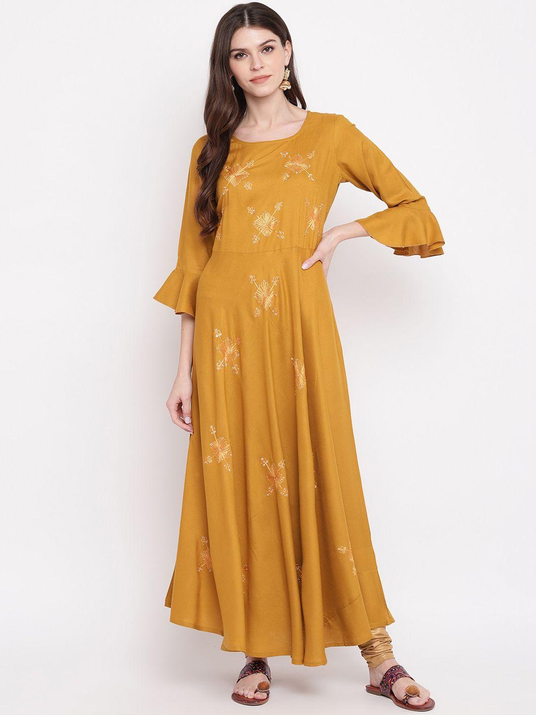 kalini women mustard yellow floral embroidered flared sleeves anarkali kurta