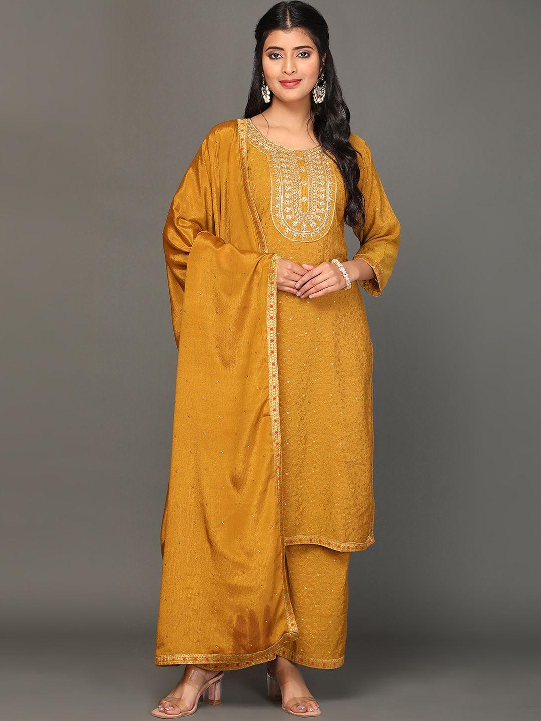 kalini women mustard yellow floral embroidered regular sequinned pure silk kurta with palazzos & with dupatta