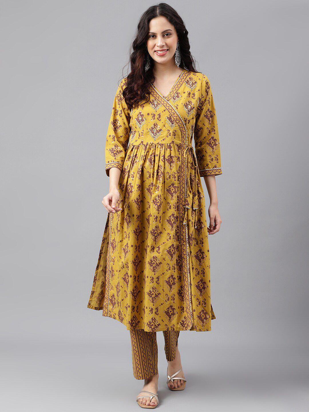 kalini women mustard yellow floral embroidered regular thread work pure cotton kurta with palazzos