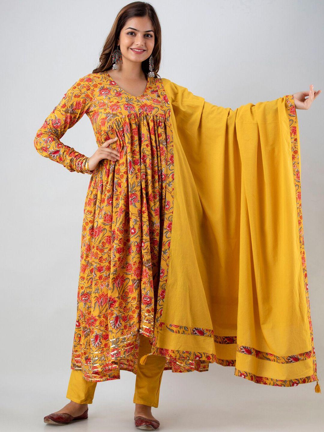 kalini women mustard yellow floral printed empire pure cotton kurta set