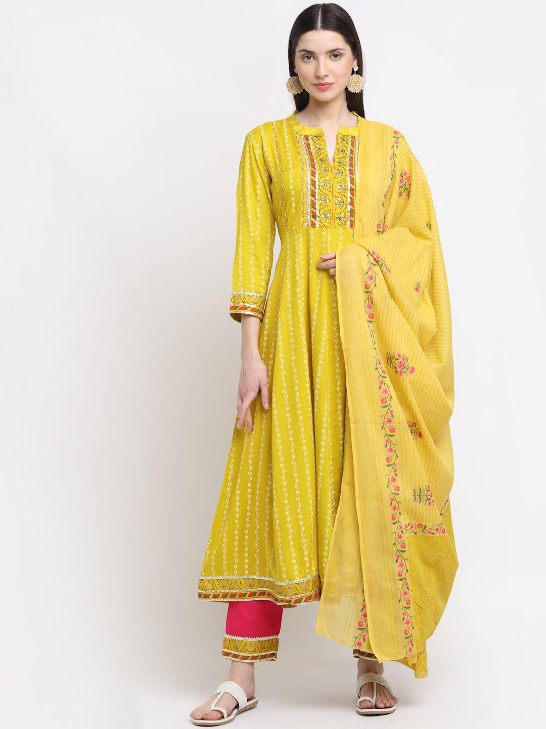 kalini women mustard yellow floral printed kurta with trousers & dupatta