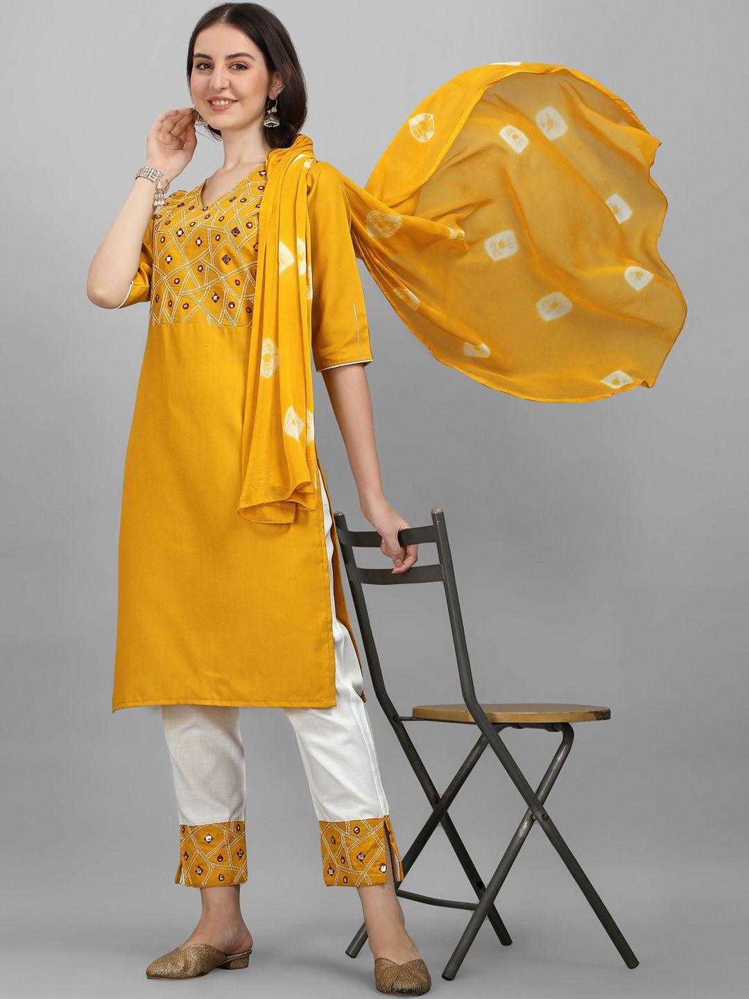 kalini women mustard yellow mirror work kurta with trousers