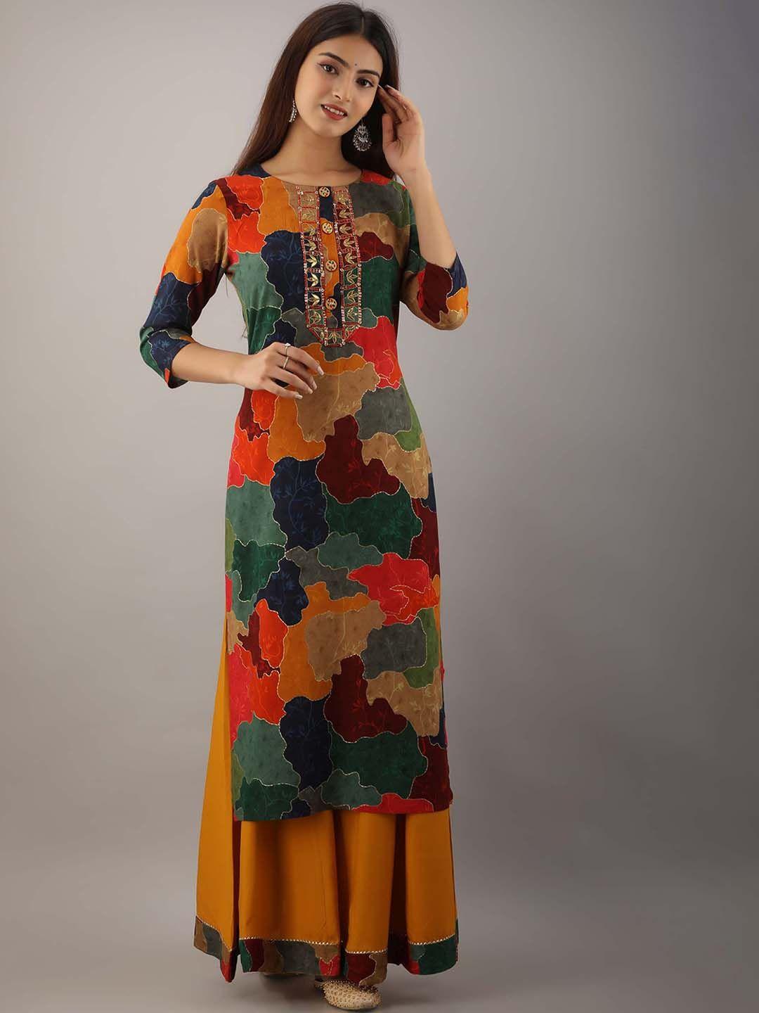 kalini women mustard yellow printed kurta with palazzos