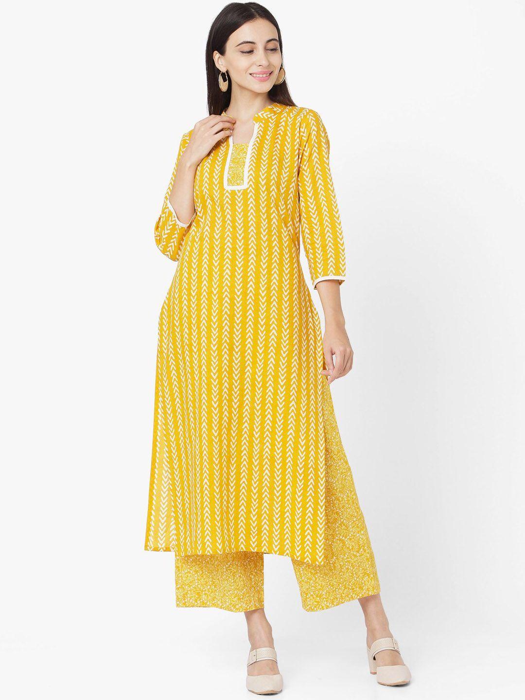 kalini women mustard yellow printed regular pure cotton kurta with palazzos