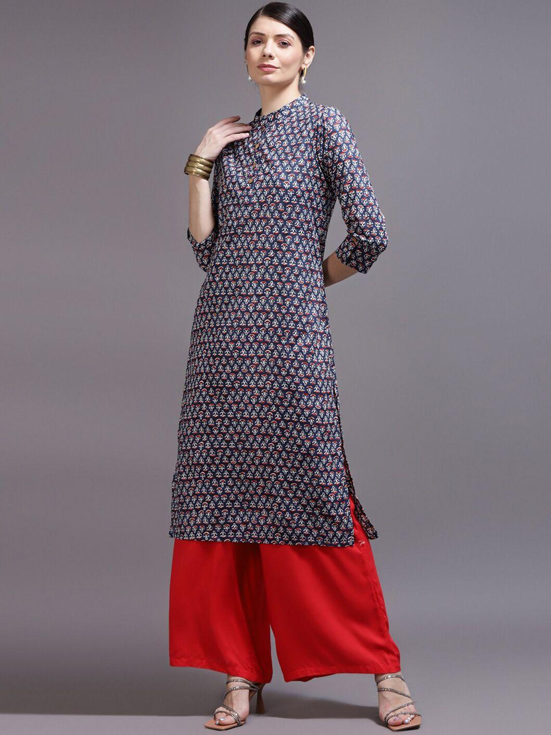 kalini women navy blue & dark sapphire geometric printed keyhole neck flared sleeves thread work kurta