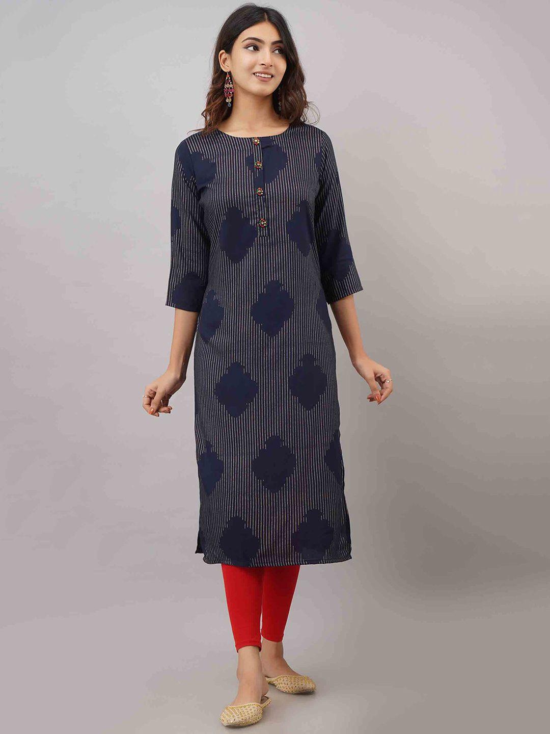 kalini women navy blue & gold striped straight kurta