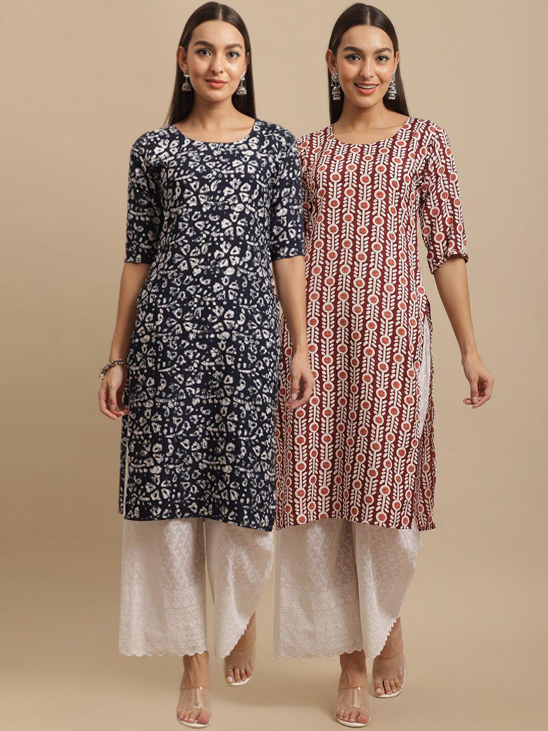 kalini women navy blue & maroon ethnic motifs printed crepe kurta