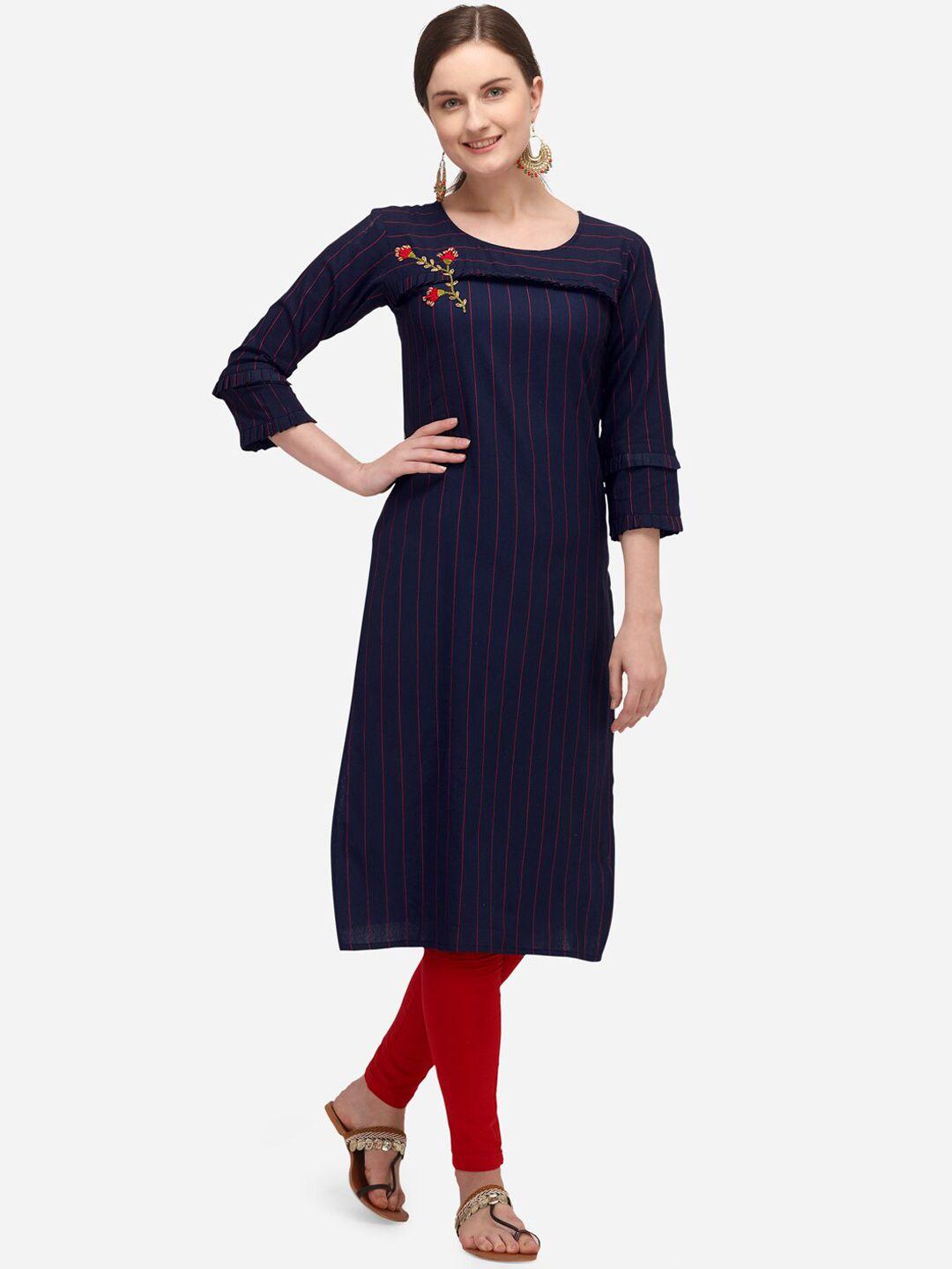 kalini women navy blue & red striped thread work kurta