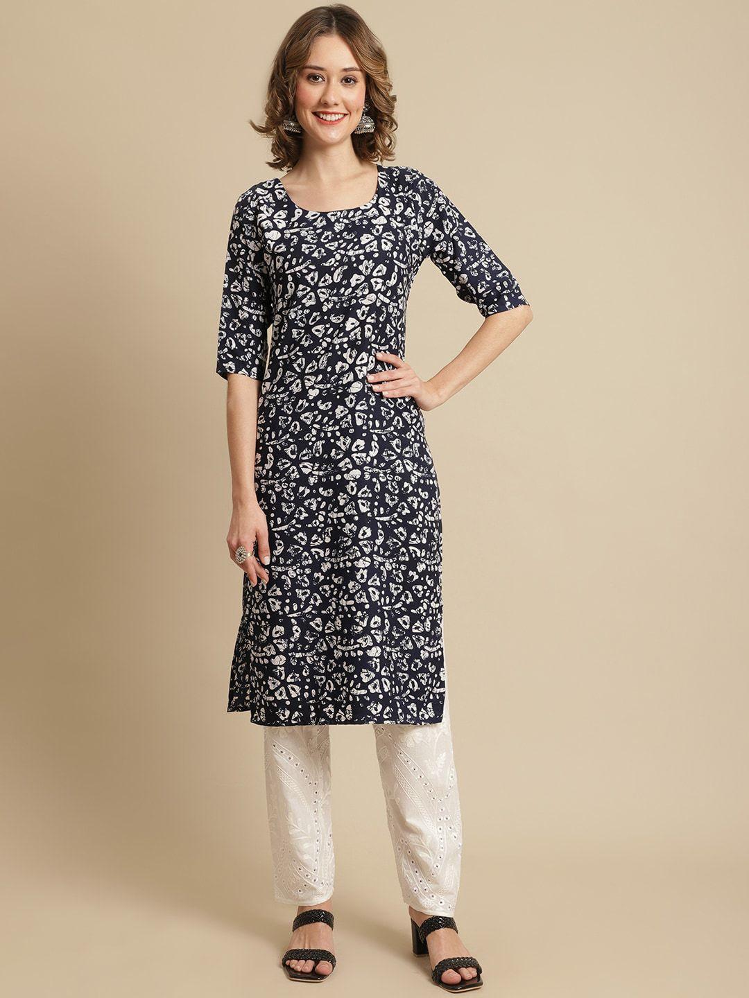 kalini women navy blue & white floral printed crepe kurta