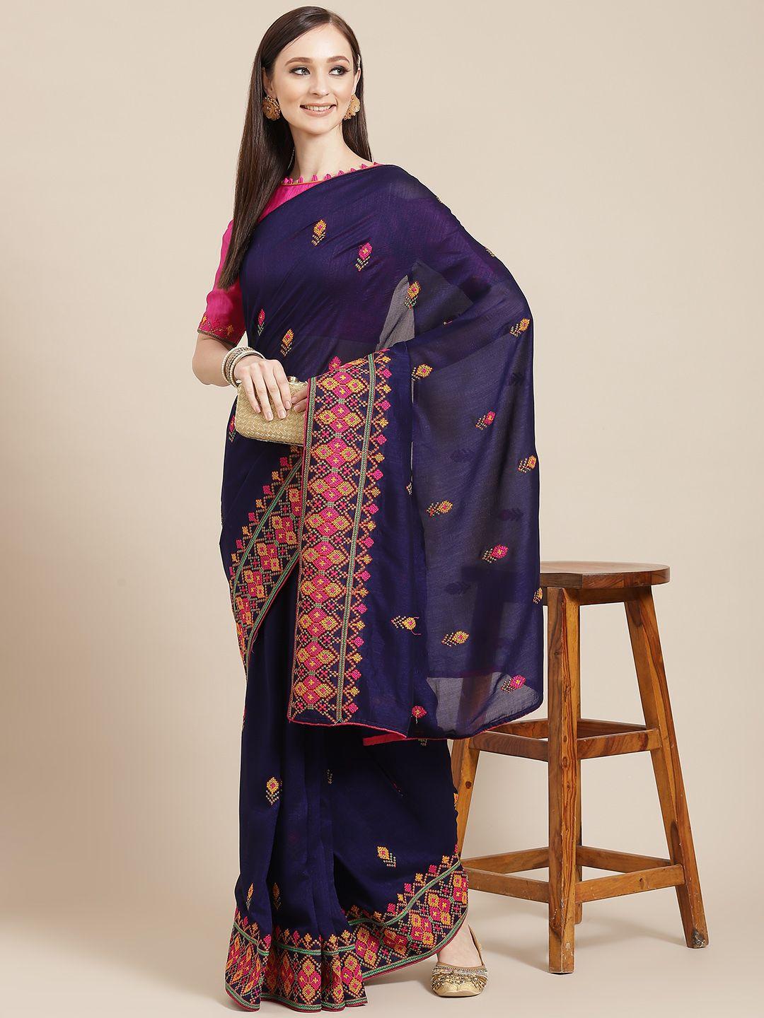 kalini women navy blue & yellow ethnic motif embroidered saree