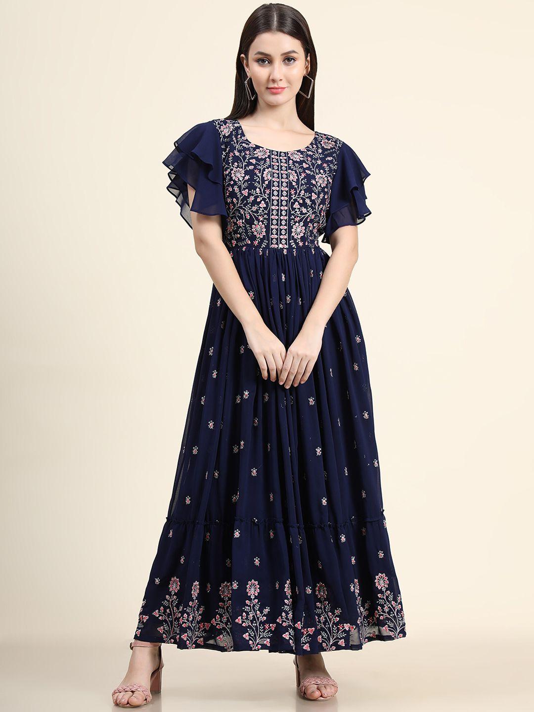 kalini women navy blue embroidered maxi dresses