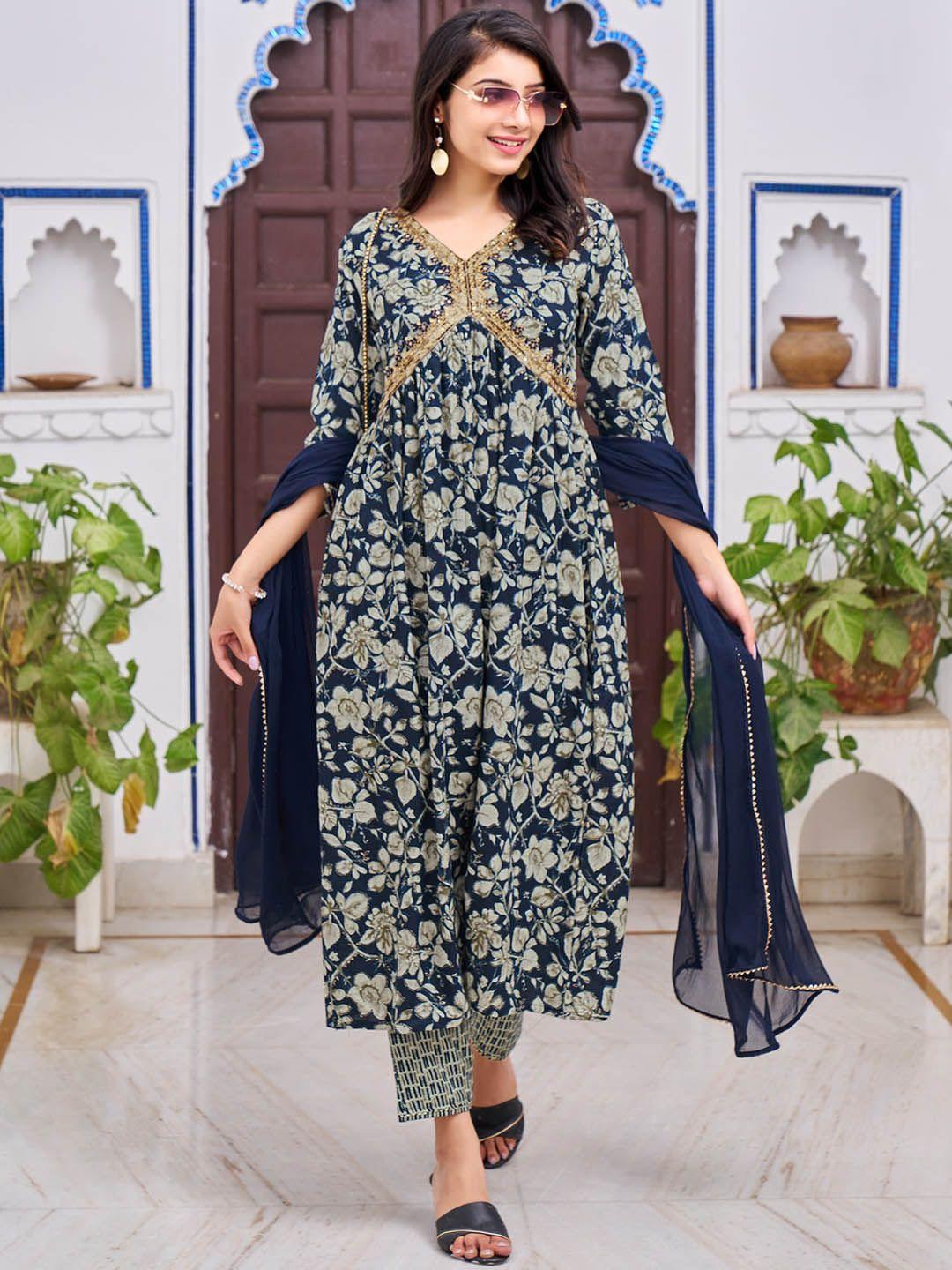 kalini women navy blue embroidered pleated sequinned kurta with trousers & with dupatta