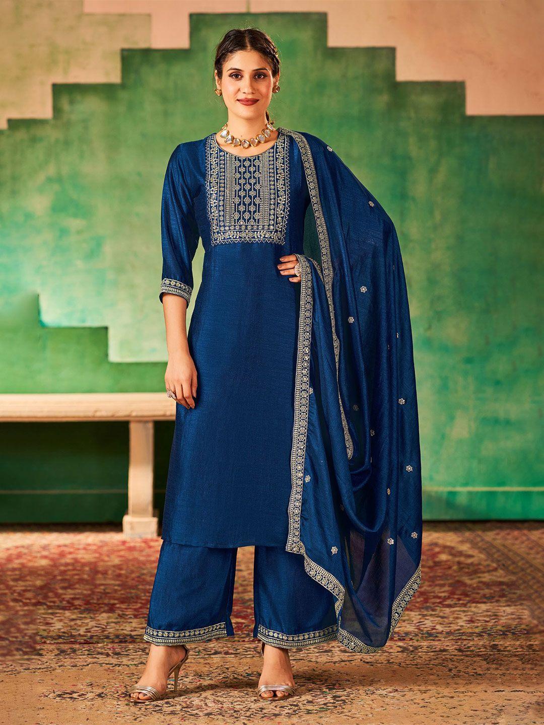 kalini women navy blue ethnic motifs embroidered regular mirror work kurta with palazzos & with dupatta