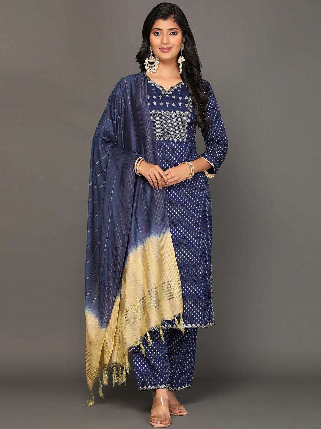 kalini women navy blue ethnic motifs embroidered regular thread work kurti with palazzos & with dupatta