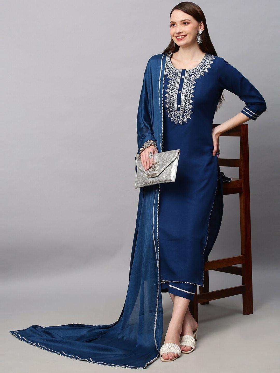 kalini women navy blue ethnic motifs embroidered thread work kurta with trouser & dupatta