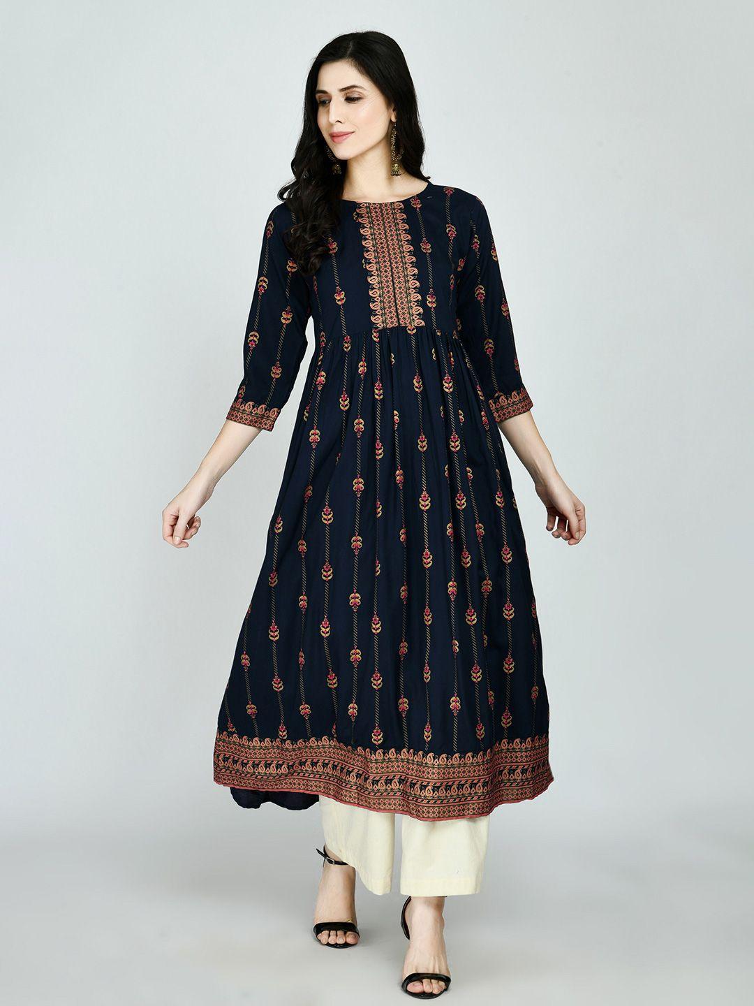 kalini women navy blue ethnic motifs printed anarkali kurta