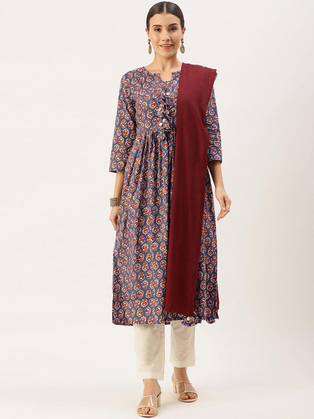 kalini women navy blue ethnic motifs printed regular pure cotton kurta with trousers & with dupatta
