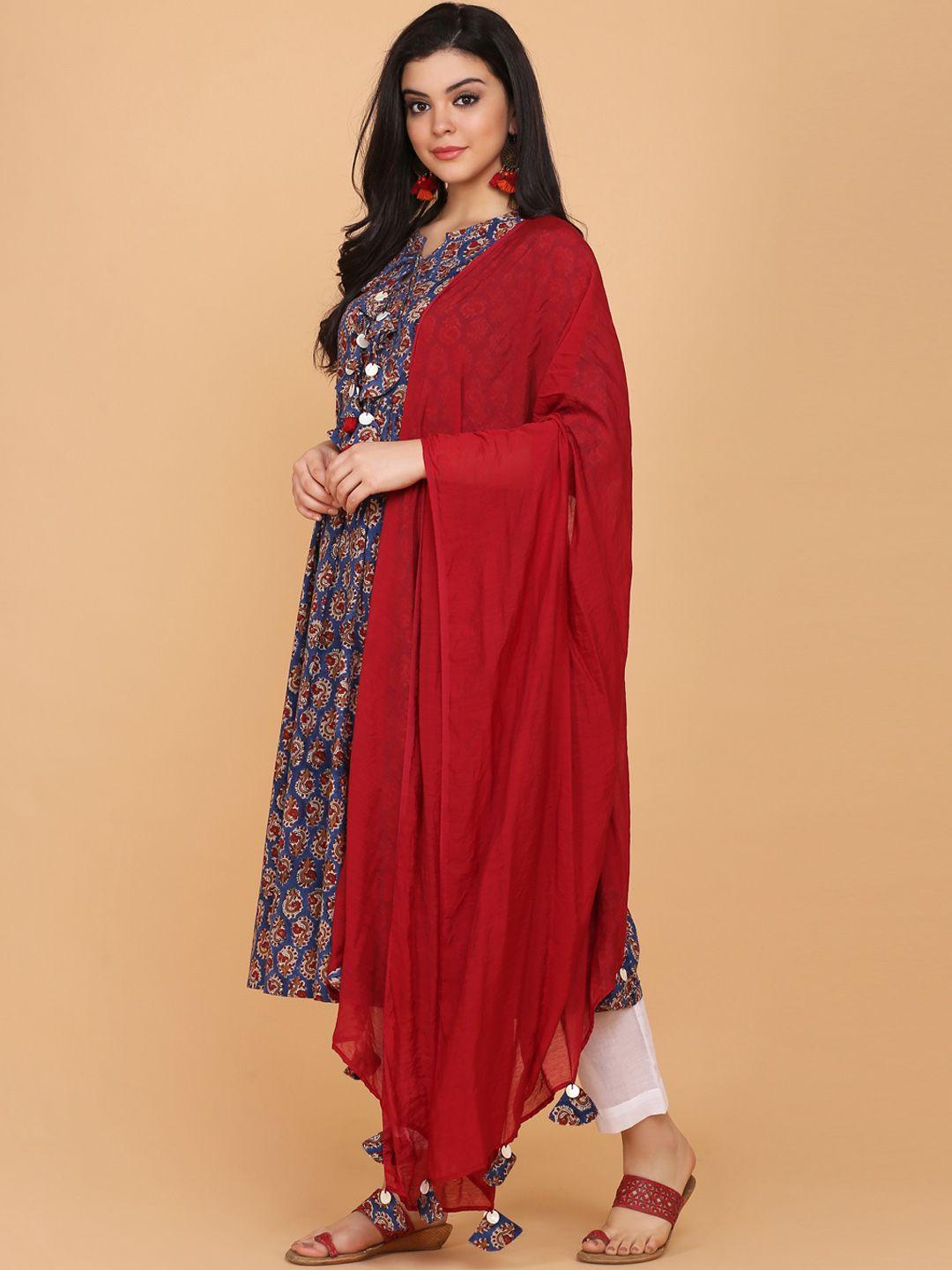 kalini women navy blue ethnic motifs printed regular pure cotton kurta with trousers & with dupatta